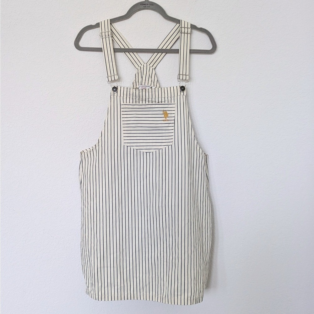 US Polo Assn Pinstripe Overall Dress‎ Women XL Cream Navy Blue Classic Pinafore